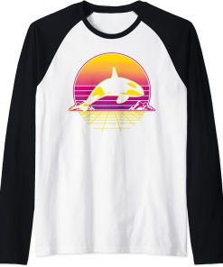 Killer Whale Orca Sea Ocean Retro Vintage Sunset Grid Gift Raglan Baseball Tee